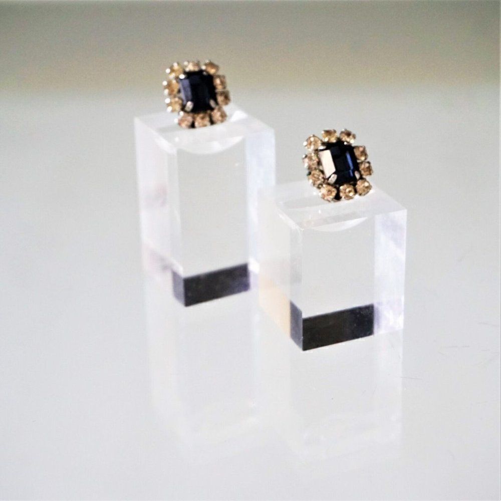 Christian Dior Clip On Earrings Vintage 60s Germany Blue Tanzanite w Crystals - - Picture 8 of 11